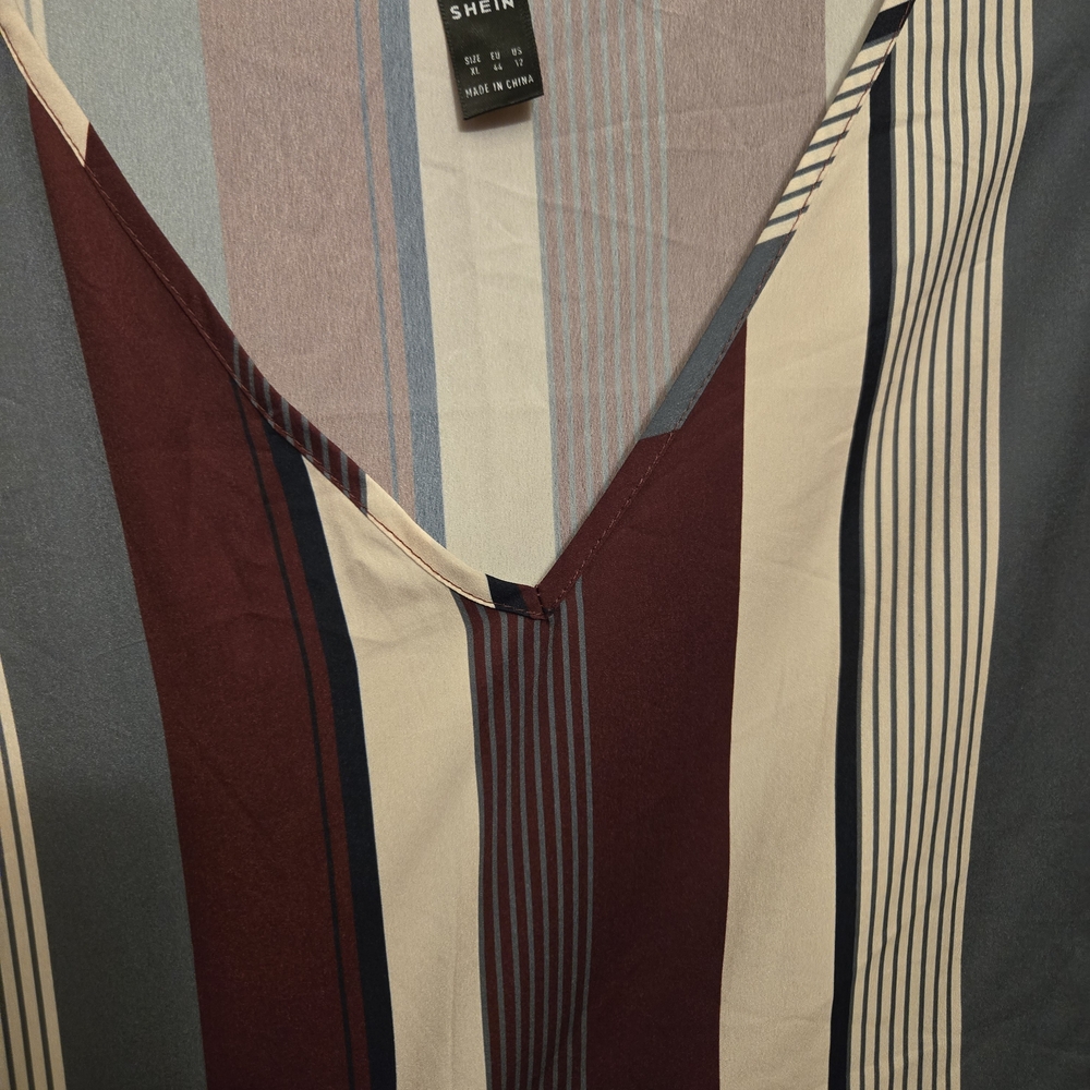 SHEIN Striped V-Neck Sleeveless Blouse in Burgundy, Cream, Blue